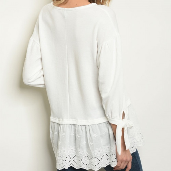 IVORY EYELET RUFFLE, BOW TIE WRIST TUNIC TOP - Picture 2 of 4